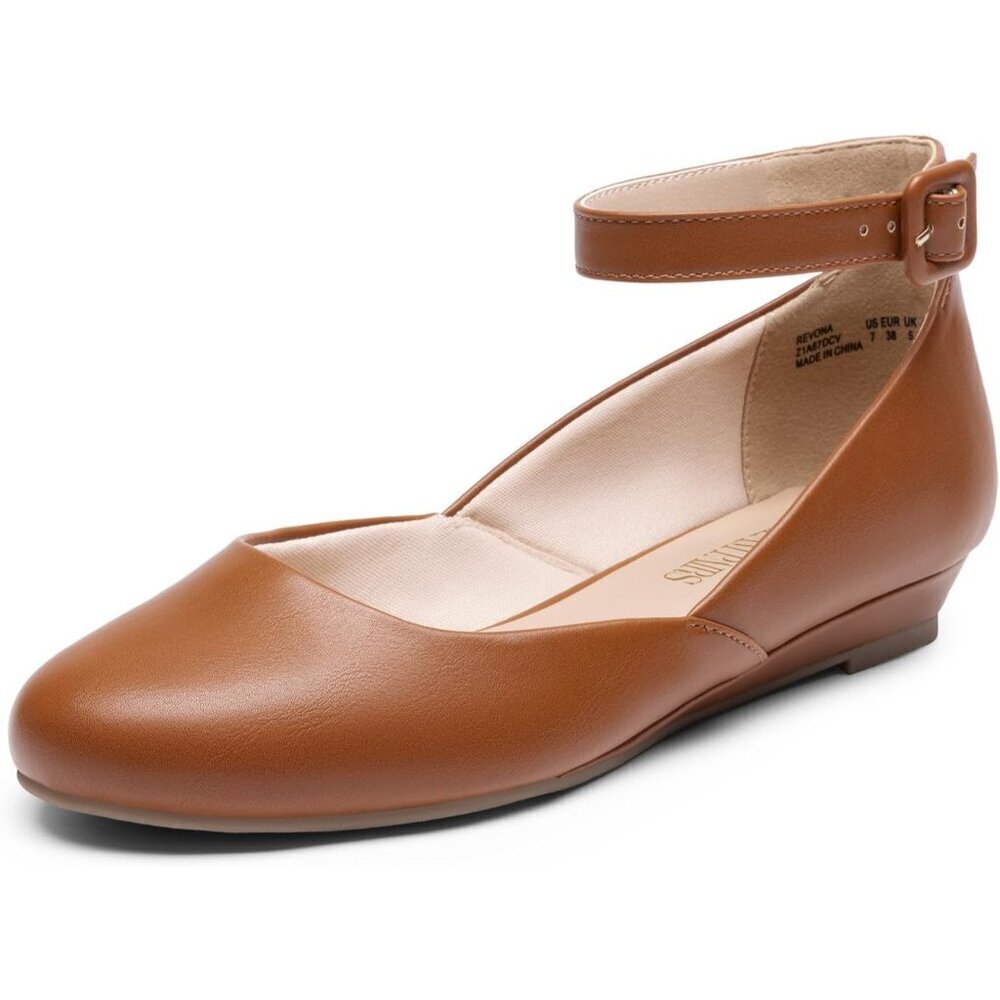 Dream Pairs Women's Brown Faux Leather Ankle Buckle Strap Low Wedge Flats Shoes